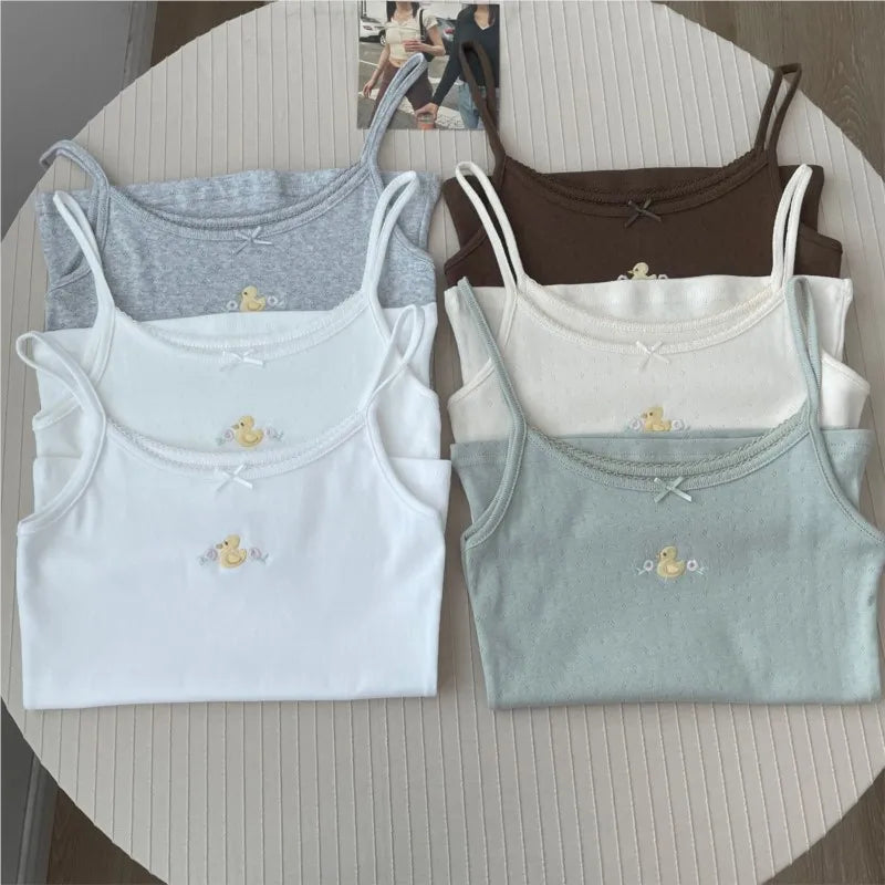 Cute Little Duck Embroidery Tank Tops Women Summer New Casual Slim Bow Sleeveless Vests Sweet Preppy Style Camisole Y2K Clothes