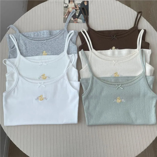 Cute Little Duck Embroidery Tank Tops Women Summer New Casual Slim Bow Sleeveless Vests Sweet Preppy Style Camisole Y2K Clothes