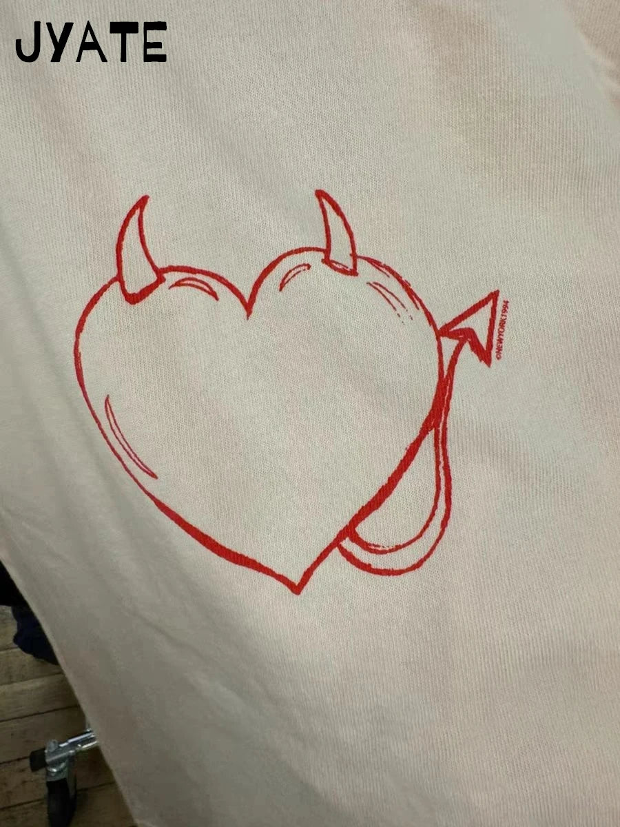 Sweet Pink Devil Heart T-shirts Women Summer New Cotton O-neck Casual Preppy Style Short Sleeve Tees Vintage Cute Chic Tops Y2K