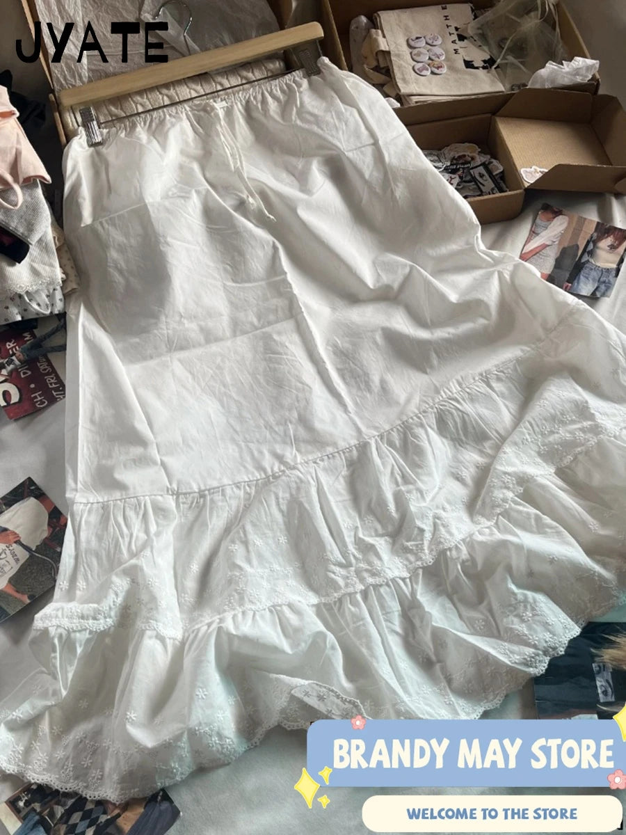 White Floral Embroidery Maxi Skirts Women New Cotton Lace Trim Drawstring High Waist Ruffles Long Skirt Vintage Sweet Faldas Y2K