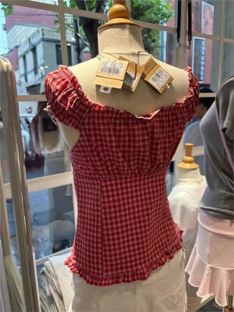 Red Plaid Slim T-shirt Blouse Women Summer Ruffles Single Breasted V-neck Short Puff Sleeve Shirt Female Vintage Sweet Tops New