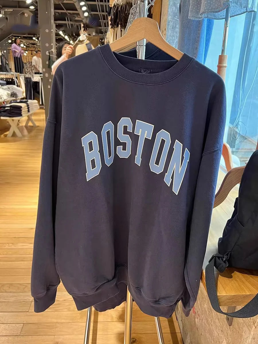 Letter Embroidery Sweatshirts Women Autumn New Casual O-neck Flag Long Sleeve Hoodies Vintage Harajuku Chic Pullover Top Y2K