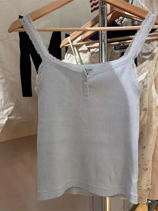 Blue Lace Trim Ribbed Buttons Camisole Women Summer New Casual cotton Slim Sleeveless Vest Sweet All-match Cropped Tank Tops Y2K