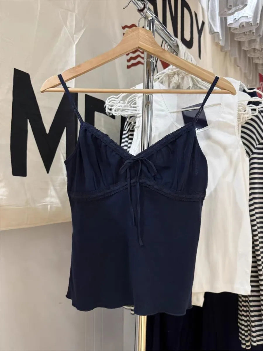 Vintage Solid Folds V-neck Tank Tops Women Summer Casual Slim Lace-up Sleeveless Vests Cute Preppy Style Simple Camisole Y2K
