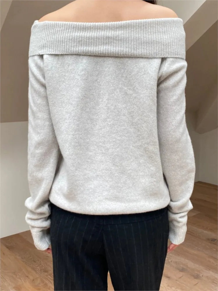 Simple Gray Slash Neck Slim Knitted Sweater Women Casual Long Sleeve Cotton Pull Sweaters Vintage Sweet Preppy Style Jumpers Y2K