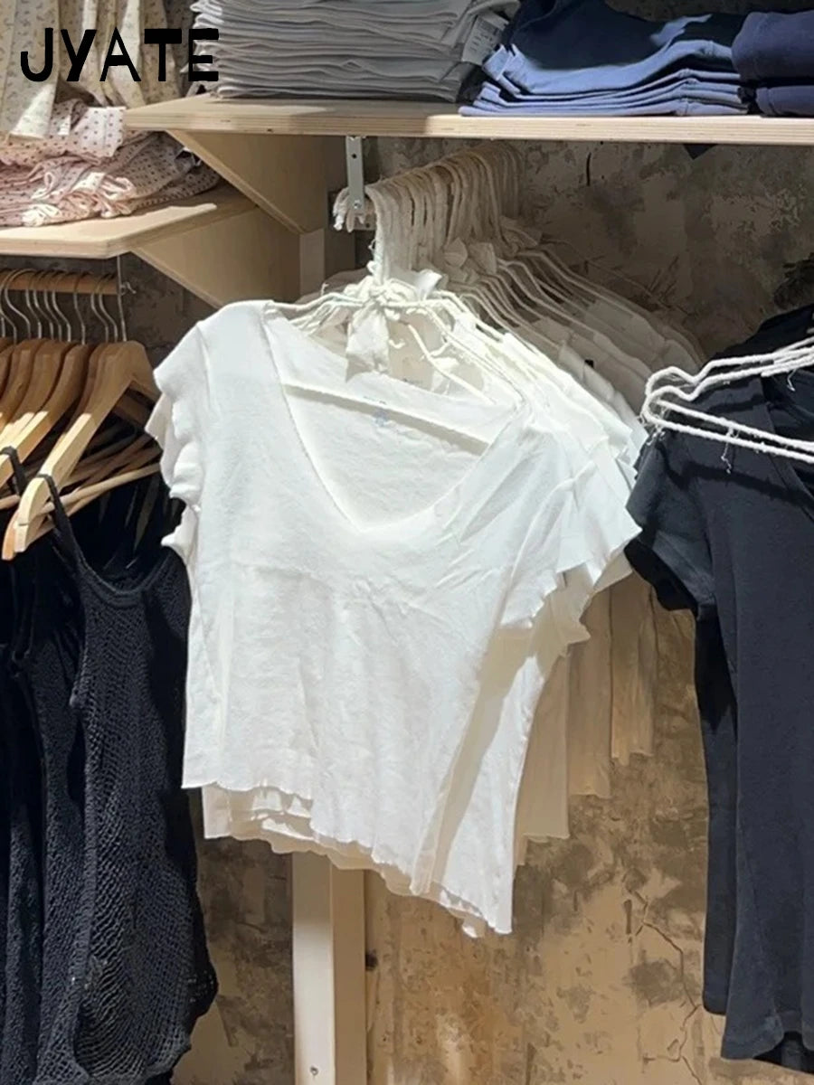 Simple Basic White V-neck T-shirts Women Summer Cotton Soft Casual Preppy Style Short Sleeve Tees Sweet Chic Y2K T Shirt Clothes