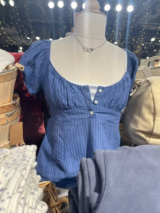Blue Striped Blouse T-shirts Women Casual Simple Cotton Lace Trim V-neck Button Crop Tops Sweet Cute Preppy Style Tees Clothes