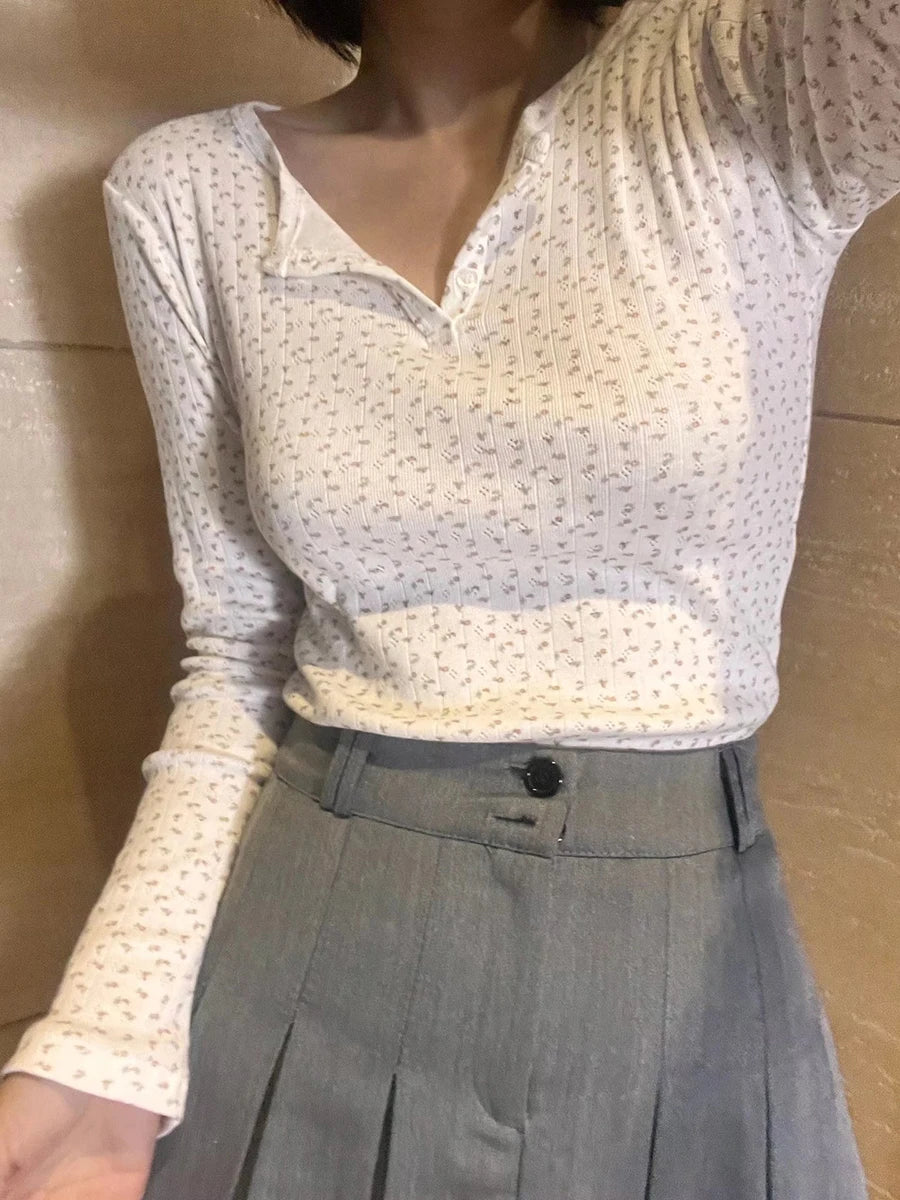 Vintage Hollow Out Cute Floral Print Cotton T-shirts Femme New Button  Slim Long Sleeve Tees Casual Autumn Chic Tops Clothes Y2K