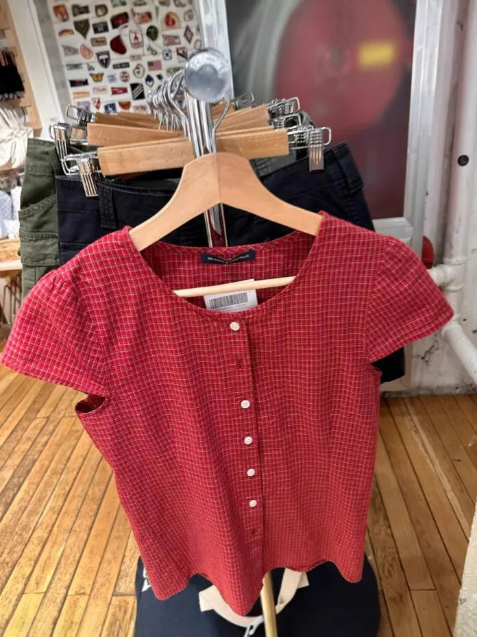 American Retro Red Plaid Blouse Women Summer New Single breasted Short Sleeve Tees Tshirts Sweet Vintage Streetwear Blouses Top