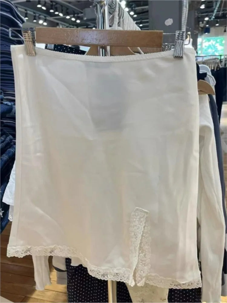 New Stain Lace White Trim Mini Skirts Woman Summer Preppy Style A-line Split Short Faldas Female Casual Sweet Elegant Chic Skirt