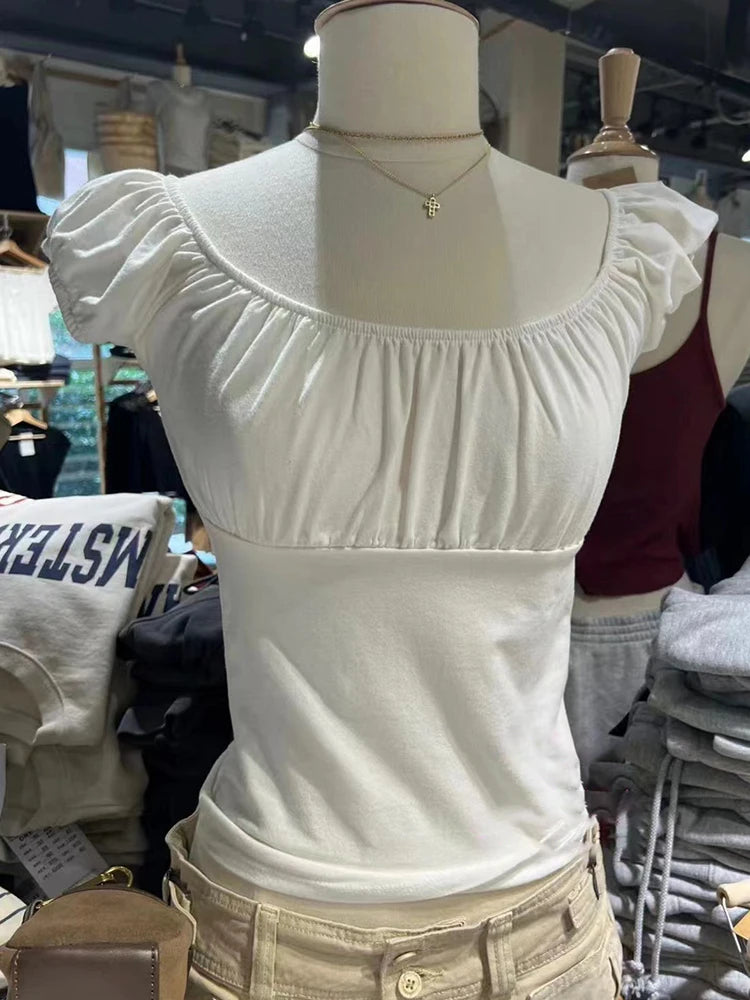 Mint Green Folds Slim T-shirts Women Summer Vintage Square Collar Cotton Puff Sleeve Tees Female Aesthetic Sweet Cute Y2K Tops