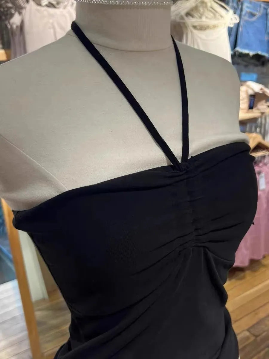Black Drawstring Folds Strapless Tank Top Women New Summer Cotton Slim All-match Camis Sweet Harajuku Preppy Style Vest Y2K Tops