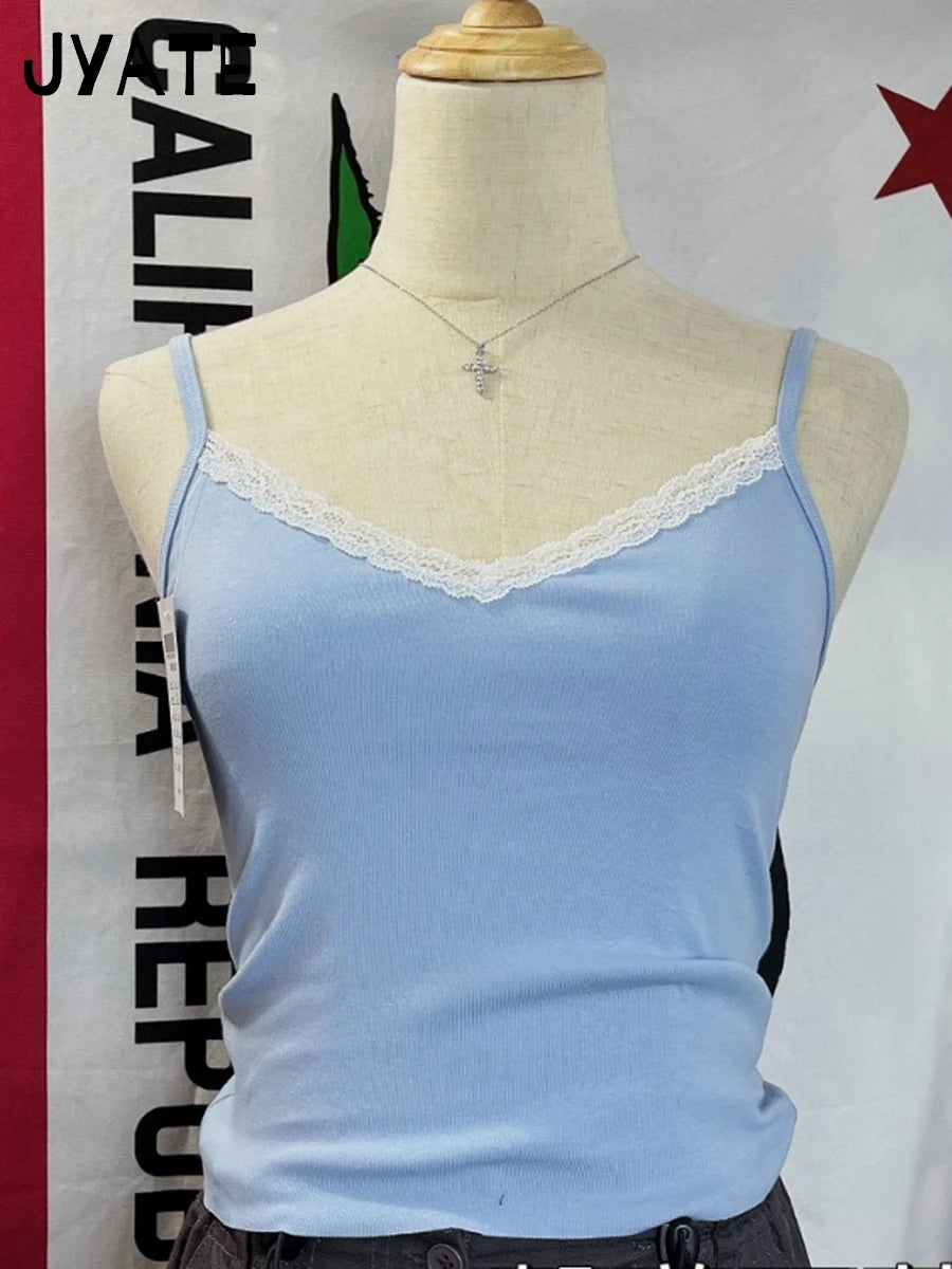 Simple Lace Trim V-neck Camisole Women New Cotton Soft Basic Casual Slim Sexy Sleeveless Vests Sweet Cute Vintage Tank Tops Y2K