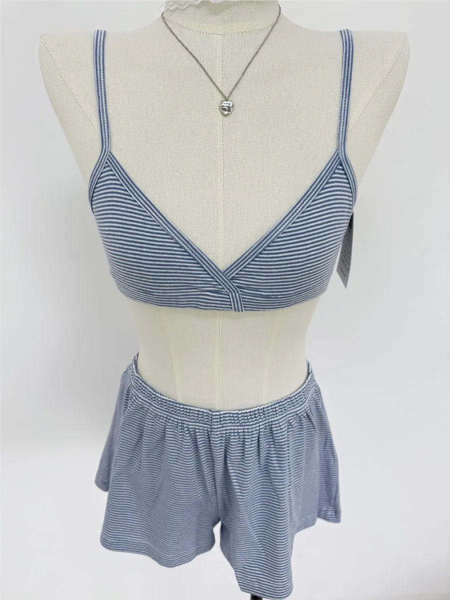 Cute Blue Striped Bra Shorts Set Women V-neck Slim Bras with Straight Sweatshorts Sweet Cute Cotton Home Pajama 2 Piece Sets Y2K