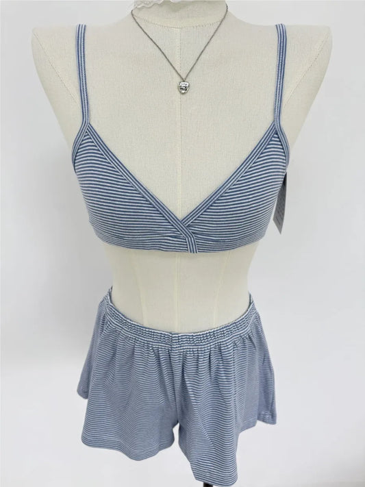 Cute Blue Striped Bra Shorts Set Women V-neck Slim Bras with Straight Sweatshorts Sweet Cute Cotton Home Pajama 2 Piece Sets Y2K
