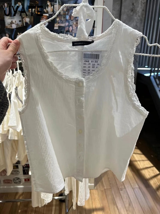 Sexy Slim Lace Trim Buttons Tank Tops Women Summer O-neck Casual Streetwear Chic Sleeveless Camis Sweet Cute Simple Vests Y2K