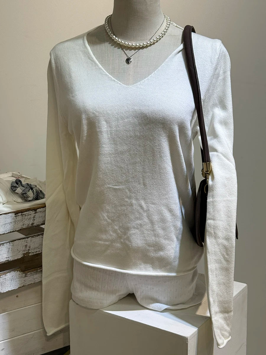 Fashion Navy Blue Cotton Knit T-shirts Women Spring Casual Streetwear Basic Raw Hem Long Sleeve Tee Female Vintage Chic Y2K Tops