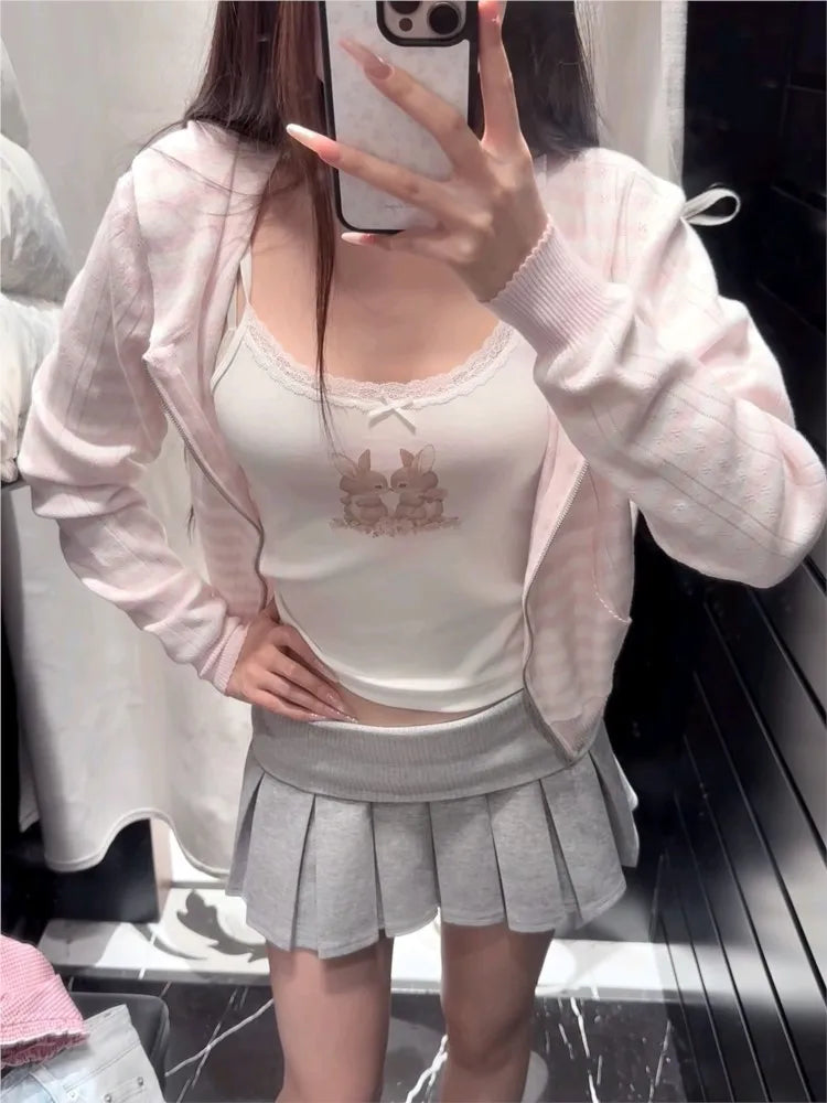 Rabbit Print Slim Tank Top Woman Summer Bow Lace Trim White Cotton Camisole Female Sweet Preppy Style Cute Crop Tops Vest