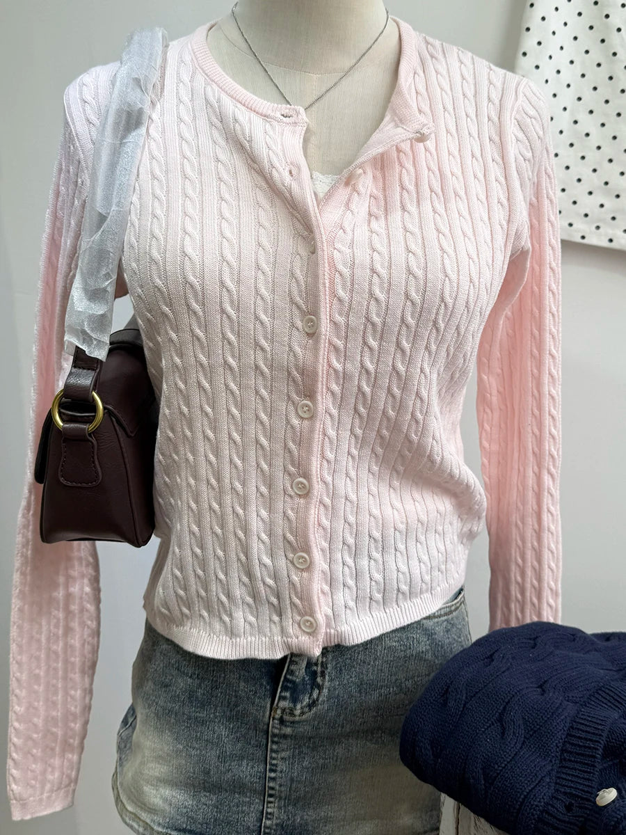 Brown Twsit Cardigan Women Spring Simple Casual Cotton Slim Button Long Sleeve Sweater Vintage Chic Preppy Style Sweaters Y2K