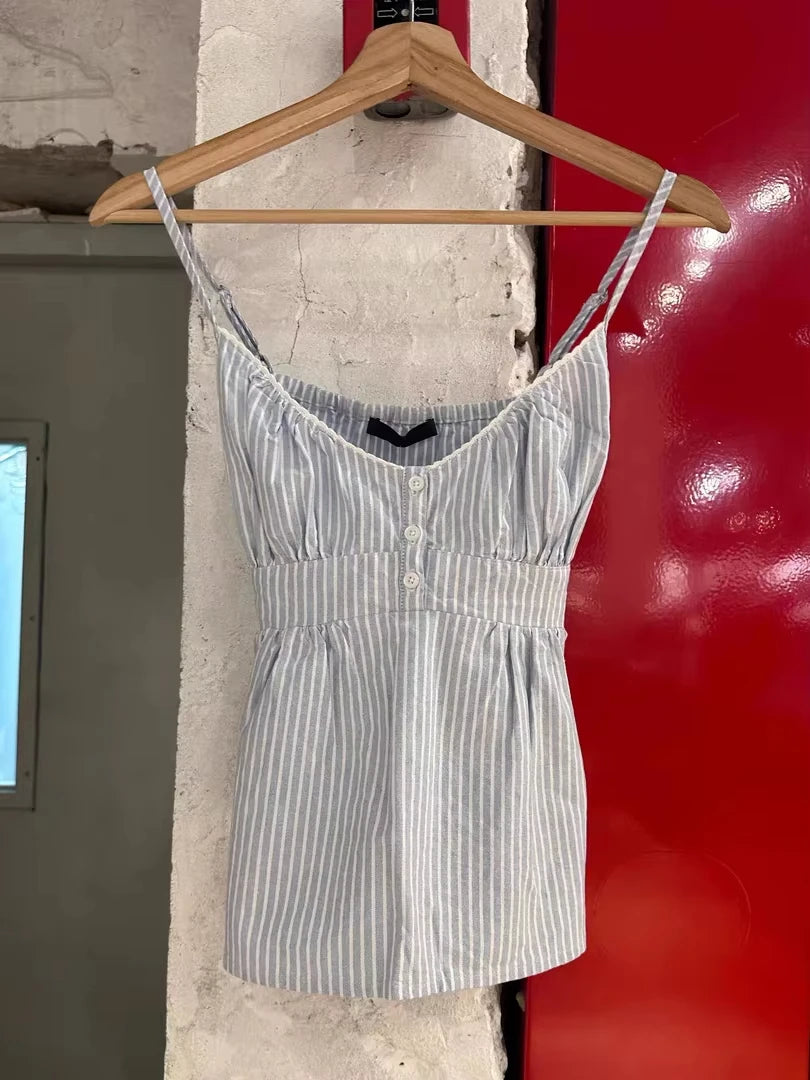 Sweet Pink Stripe Lace-up Tank Top Women Lace Trim Buttons V-neck Cotton Camis Summer Vintage Streetwear Sleeveless Crop Top Y2K