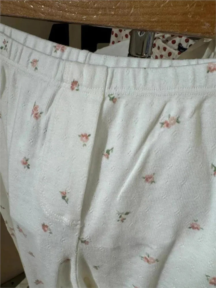 Casual Red Floral Eyelet Straight Sweatpant Women Autumn High Waist Cotton Cute Trousers Vintage Sweet Home Pajama Long Pant Y2K