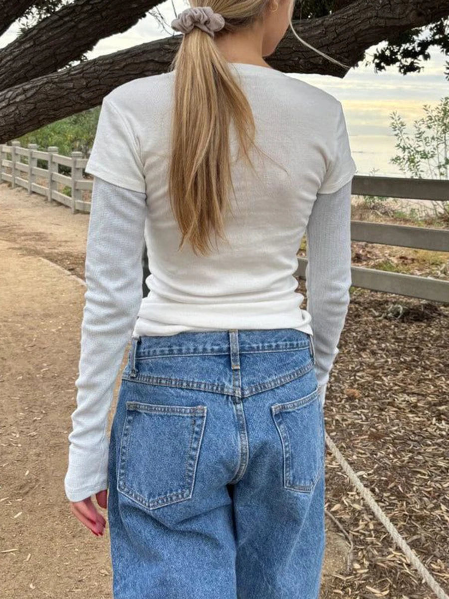 Sweet Patchwork Fake Two Pieces T-shirt Women O-neck Preppy Style Cotton Slim Long Sleeve Tee Shirts Vintage Cute T-shirts Tops