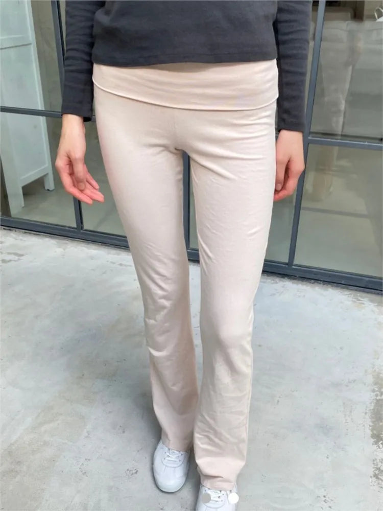 Flip up Pink Skinny Yoga Pants Women Autumn Elastic Cotton Long Flare Pants Female Sweet Casual Preppy Style Y2K Sport Trousers