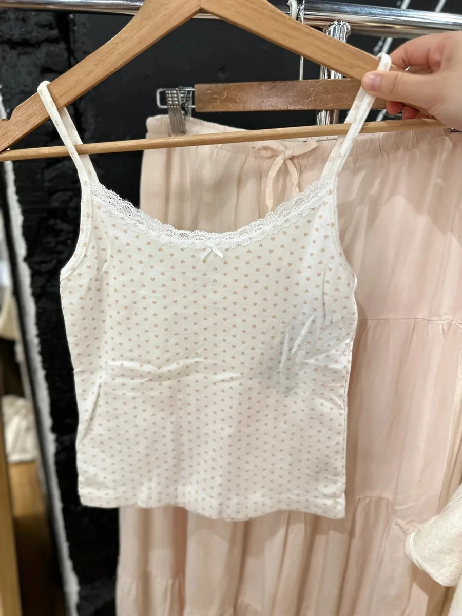 Pink Heart Slim Home Pajama 2 Piece Sets Women Summer Lace Trim Bow Camis+Cozy Straight Trouser Sweet Preppy Style Tank Pant Set