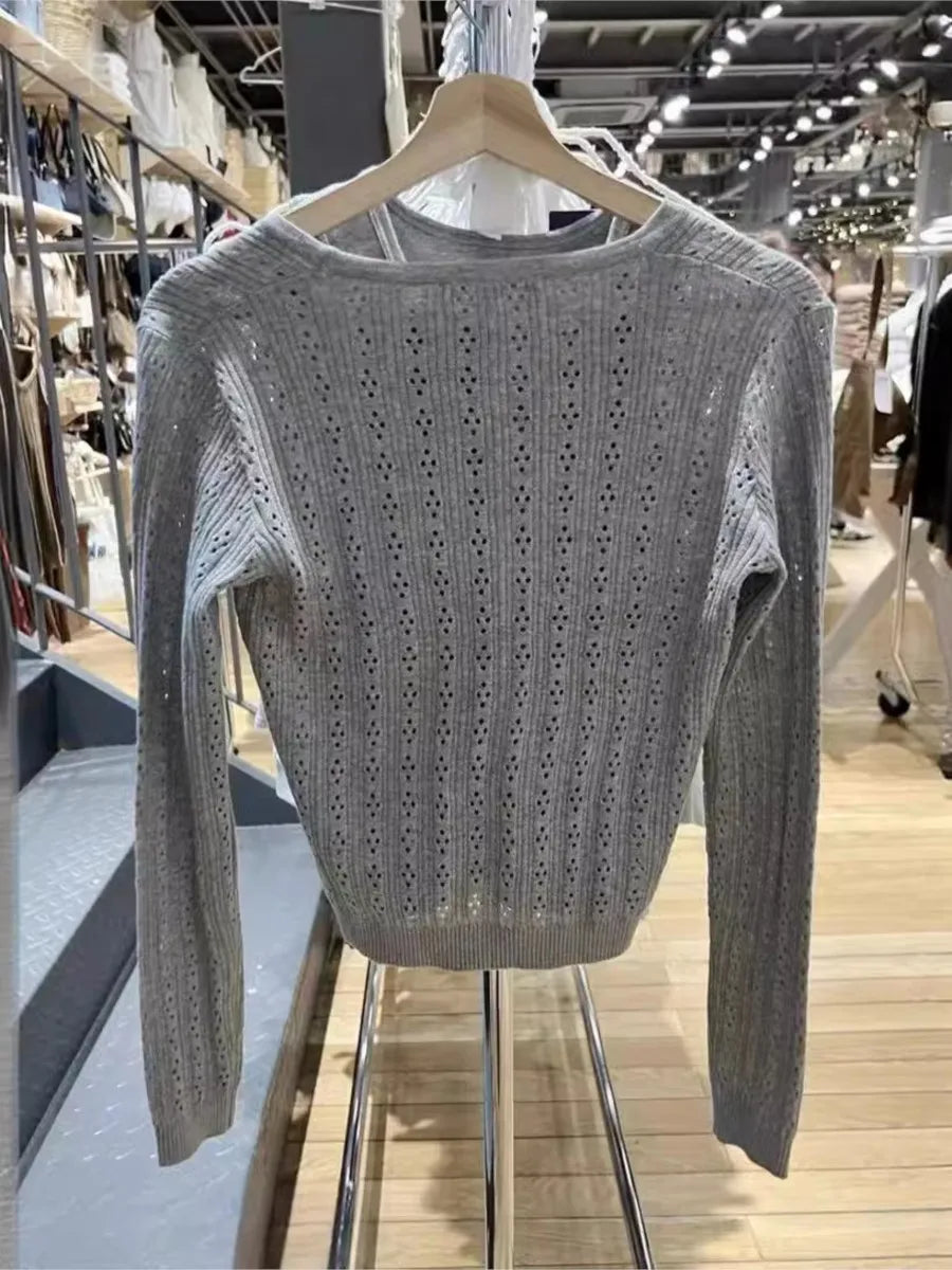 Solid Hollow Out Knitted Tops Women Spring Simple Basic V Neck Cotton Long Sleeve T-shirt Female Sweet Vintage Cute Crop Top Y2K