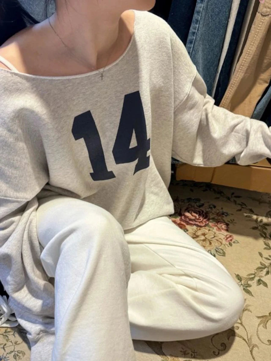Fashion 14 Print Oversized Sweatshirt Women Autumn Sexy Scoop Neck Long Sleeve Cotton Loose Pullover Streetwear Hoodie Y2K Tops