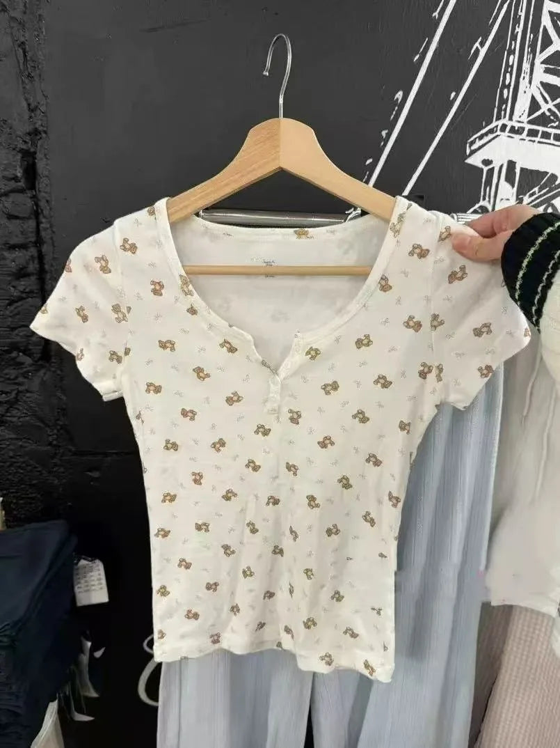 Little Bear Print Buttons T-shirts Women Casual O-neck Short Sleeve Cotton Tee Shirts Sweet Cute Preppy Style Tshirt Y2k Tops