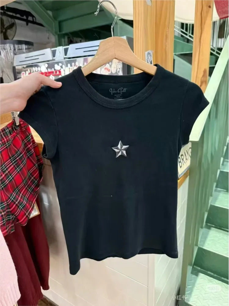 Back Wing Embroidery T-shirts Women Summer Round Neck Short Sleeve Tshirt Top Female Vintage Streetwear Cotton Tee Tops Y2K
