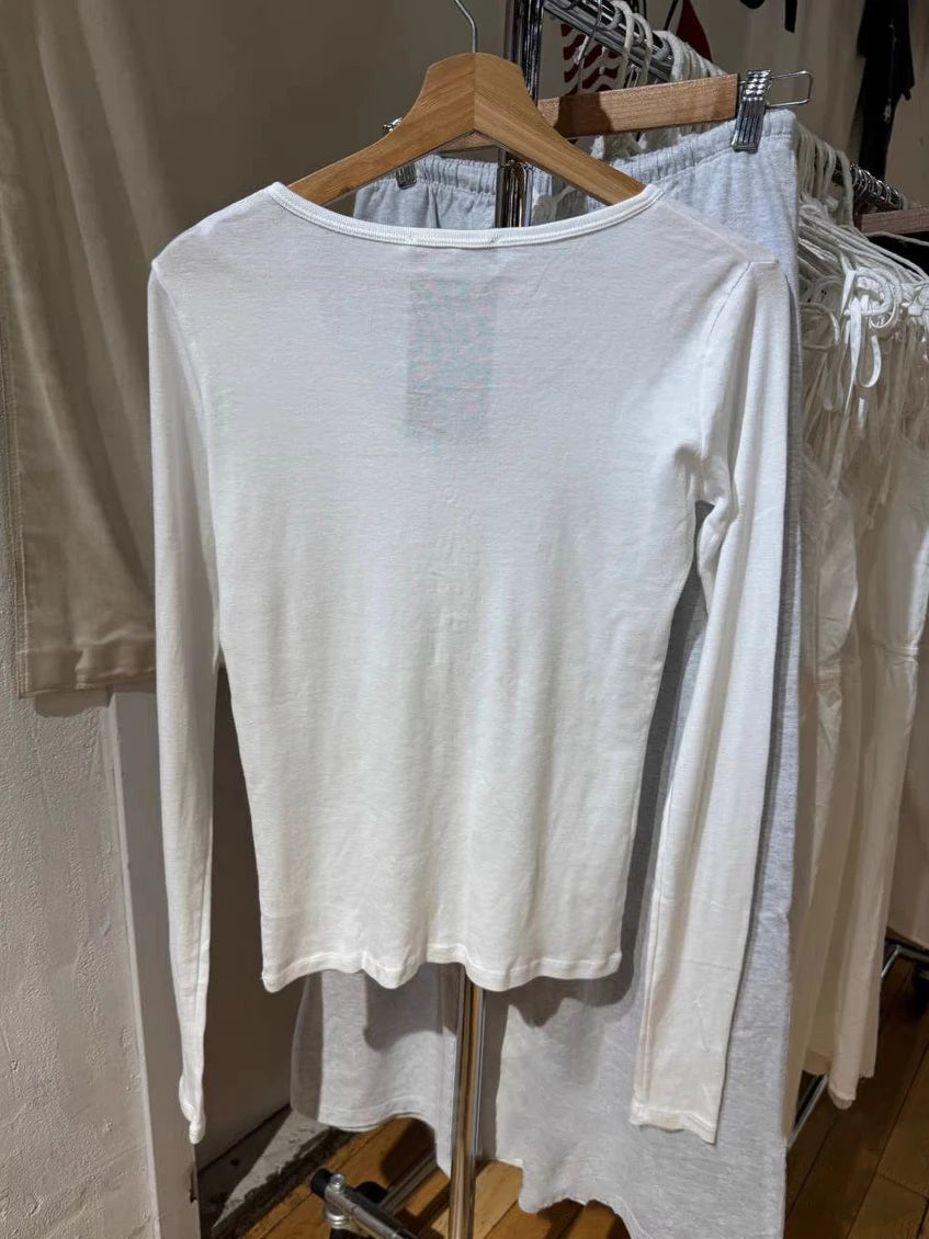 Vintage Buttons White Basic Long Sleeve T-shirts Women Autumn Round Neck Cotton Slim Tee Top Female Sweet Streetwear T Shirt Y2K