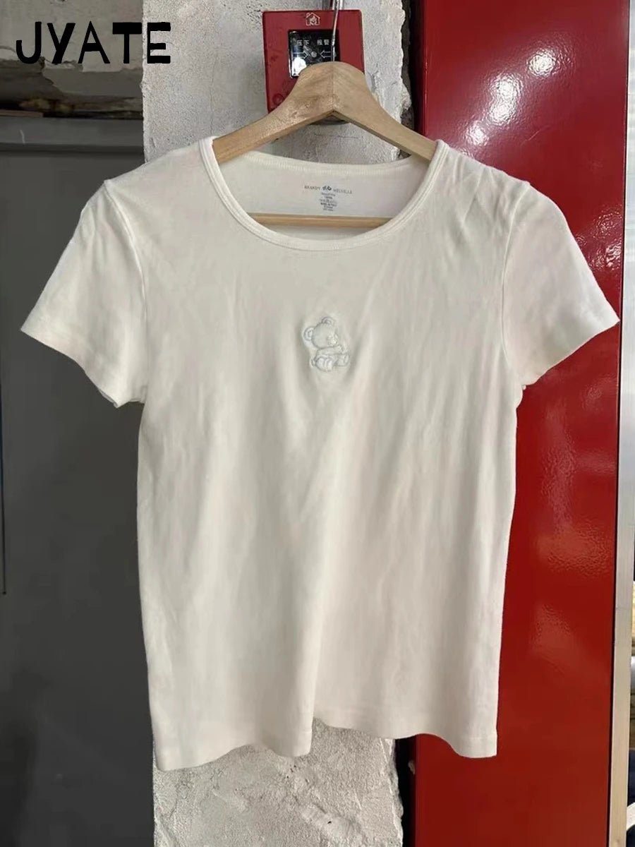 Vintage Red Letter Flag Embroidery Cotton T-shirt Women O-neck Summer Short Sleeve Tee Shirt American Slim Casual Crop Y2K Top