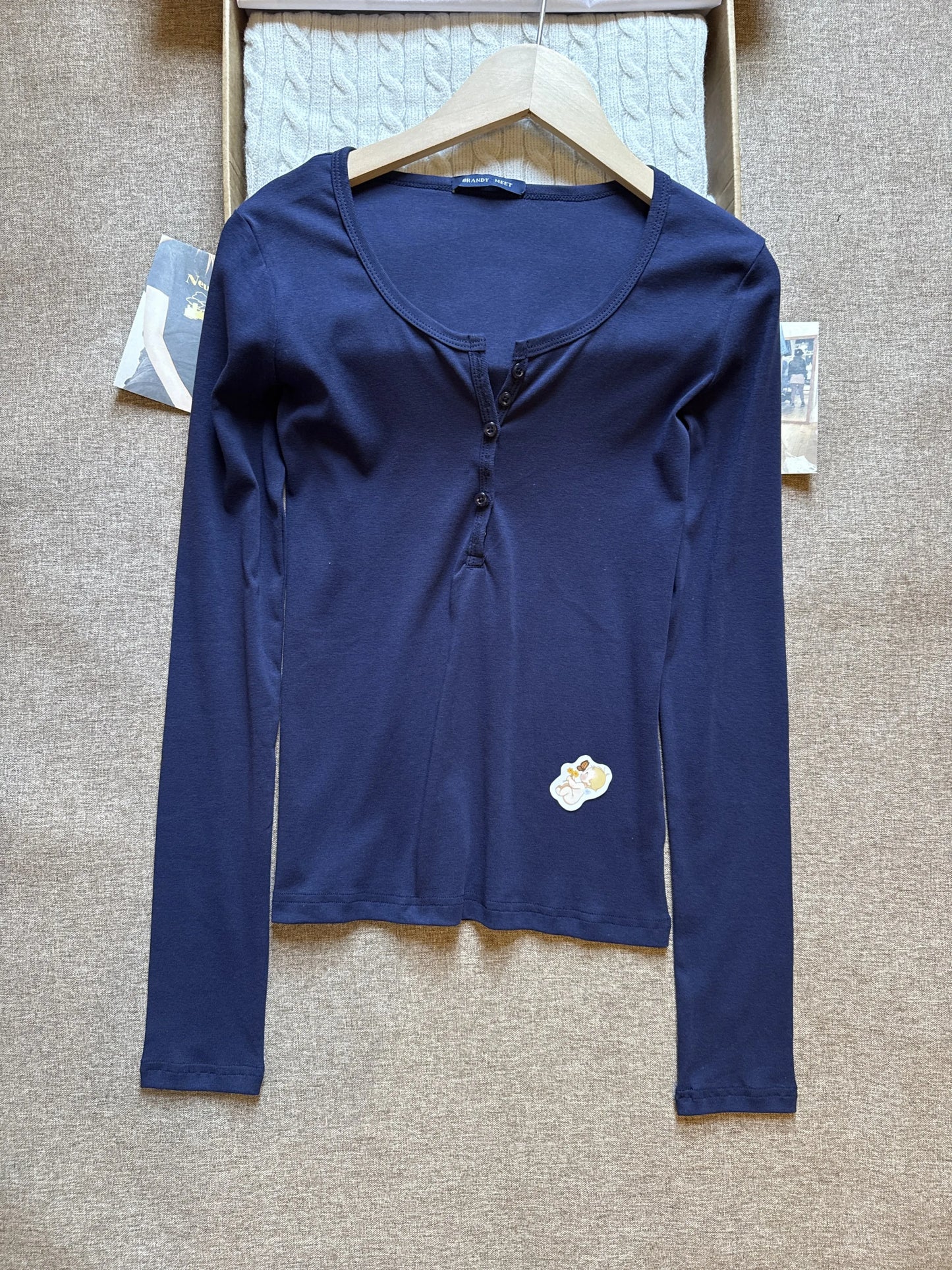 Vintage Navy Long Sleeve Tee Women Autumn New Cute Casual Six Buttons O-Neck Cotton Slim Tops Fashion Chic Streetwear Tshirt Y2K