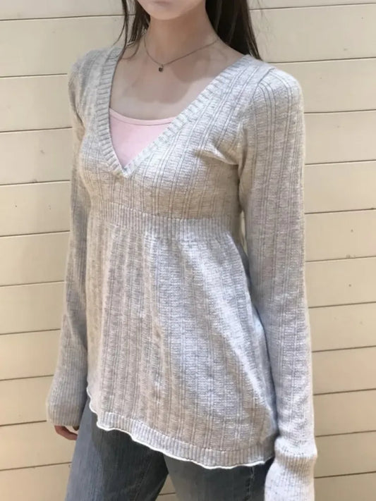 V-neck Knitted Tees Women Fashion Cotton Soft Gray Slim Long Sleeve T-shirt Sweet Cute Preppy Style T Shirt Y2K Sweater
