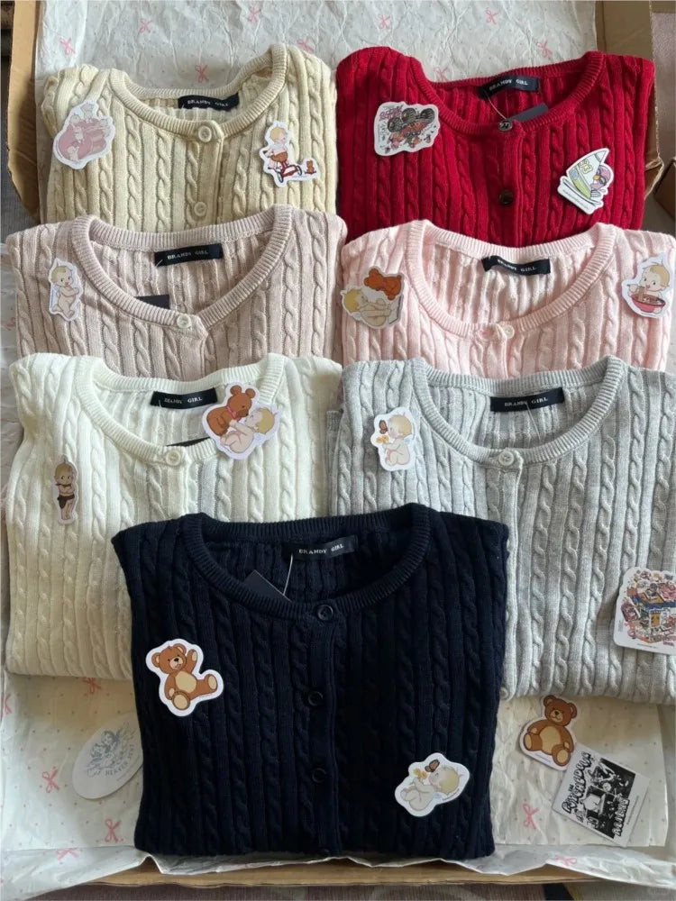 Twist flower Knitted Sweater Cardigan Crew Neck Single Breasted Long Sleeve Slim Coat Vintage Streetwear Simple Crop Top Y2K