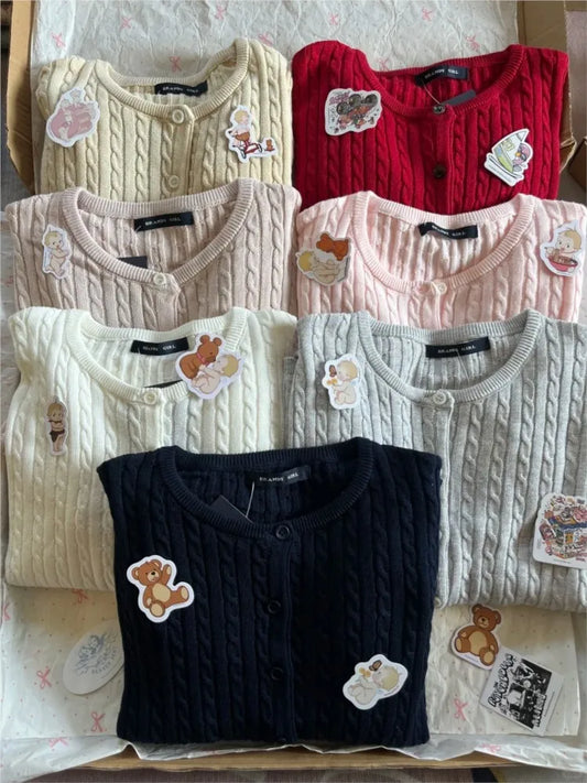 Twist flower Knitted Sweater Cardigan Crew Neck Single Breasted Long Sleeve Slim Coat Vintage Streetwear Simple Crop Top Y2K