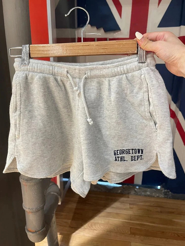 Retro Dragon Embroidery Gray Shorts Women Summer Waffle Lace-up Elastic High Waist Casual Sweatshorts Vintage Chic Y2K Bottoms
