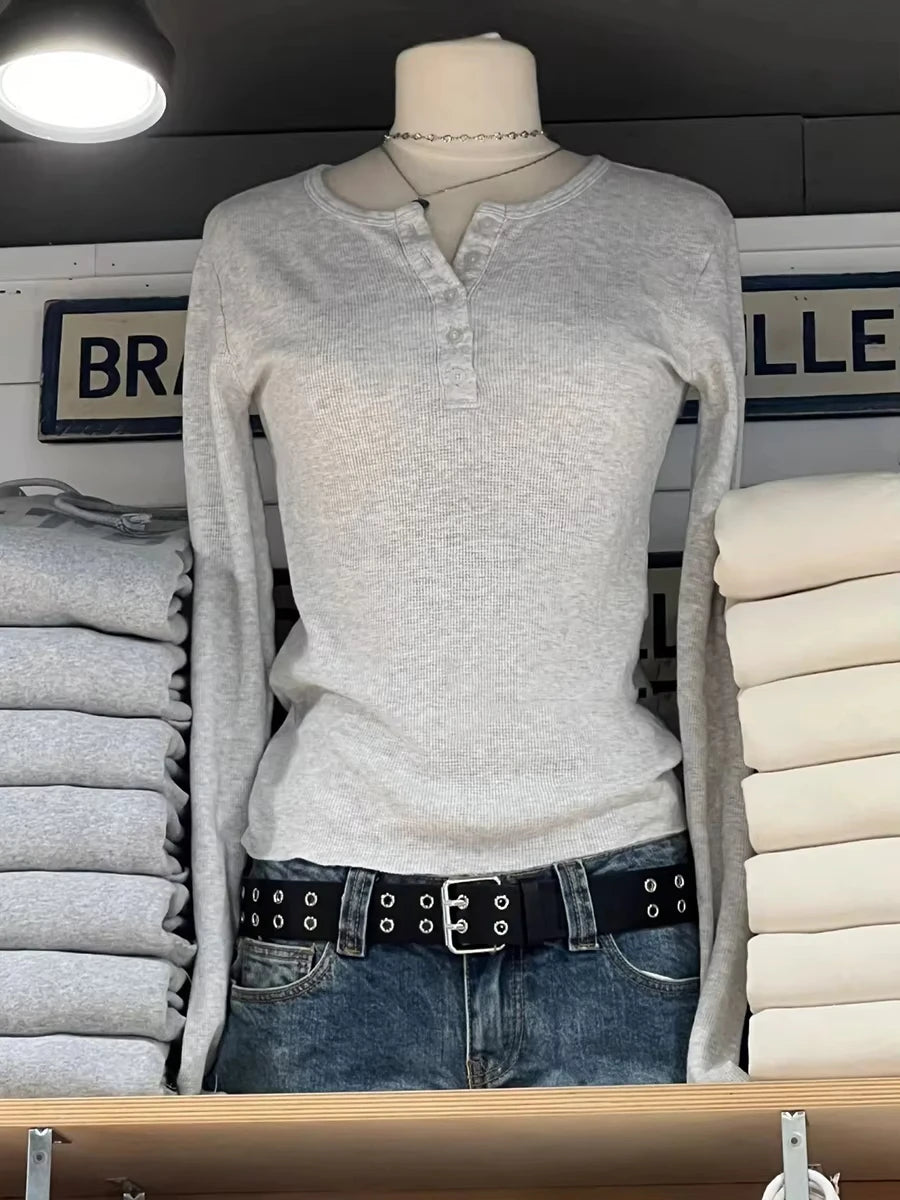 Sweet Pink Six Buttons Ribbed Long Sleeve T-shirts Women Spring Round Neck Cotton Slim Tee Top Female Cute Tshirt Y2k Tops New