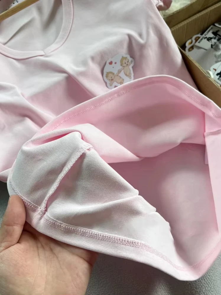 Pink Sweet V-neck Cotton Short Sleeve Tee Women New Casual Simple Preppy Style Slim Tops Clothes Vintage Sweet Chic T-shirt Y2K