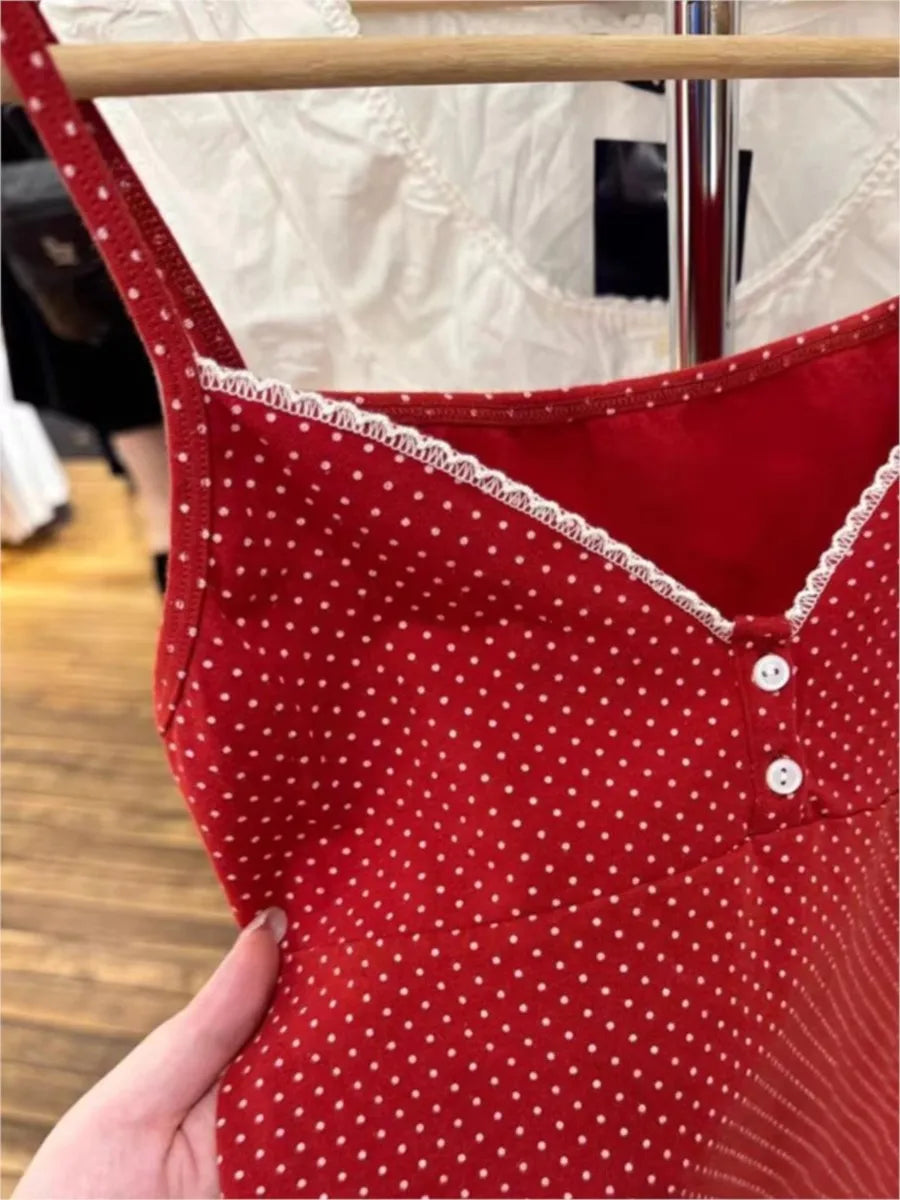 Red Polka Dot Two Button Cotton Tank Top Women New Casual Slim Sexy Lace Trim Cropped Vests Female Vintage Simple Chic Camis Y2K