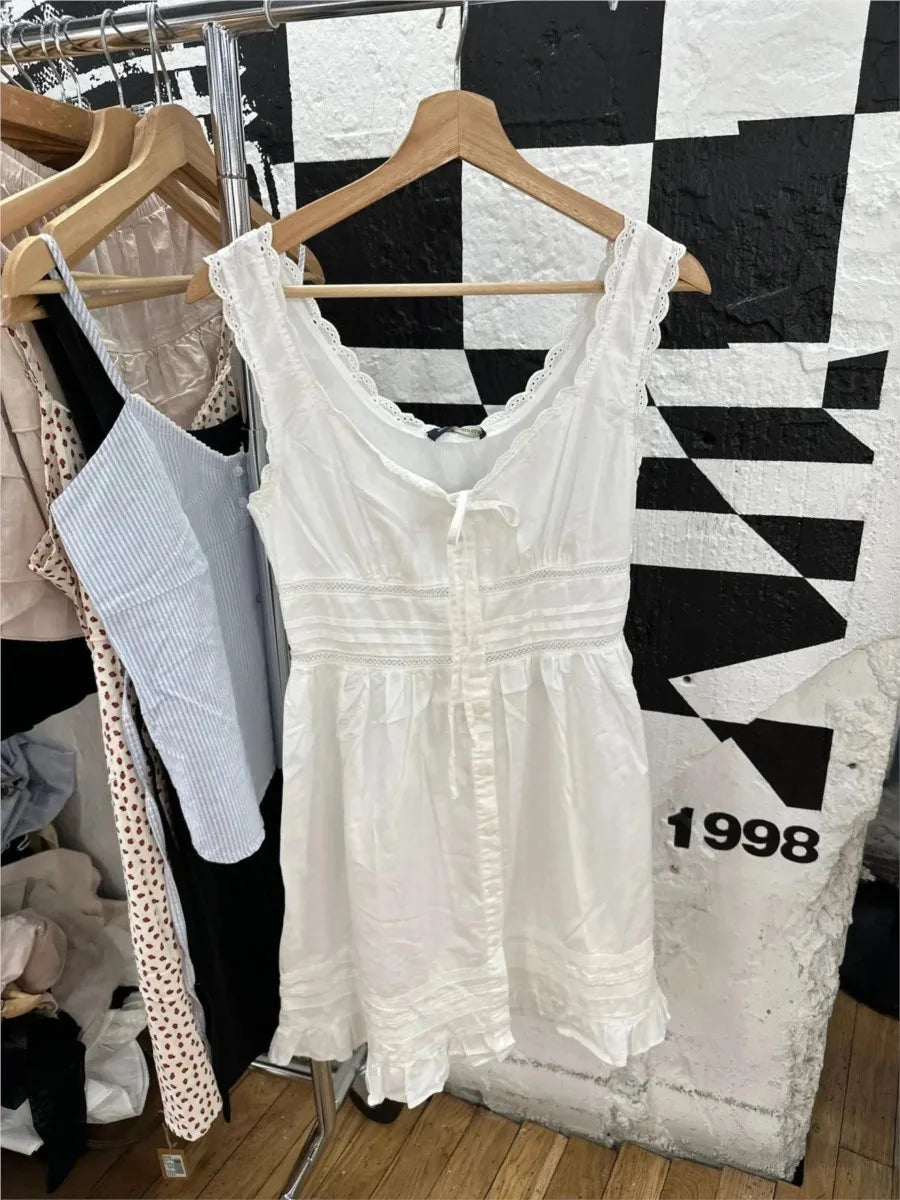 Chic Lace Trim White Mini Dress Women Summer Round Neck Lace-up Sleeveless A-line Short Vestidos Sweet Preppy Style Dresses Y2K