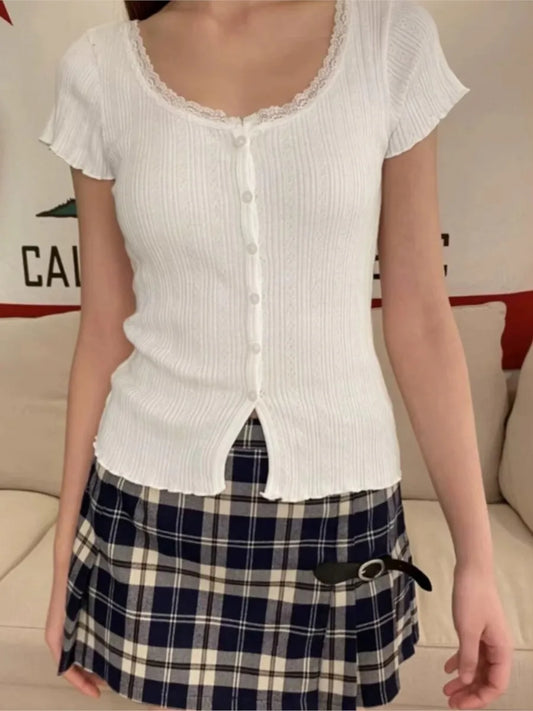 Basic White Lace Trim Buttons T-shirts Women New Spring Casual Slim O-neck Short Sleeve Tees Sweet Cute Vintage T Shirt Y2K Tops