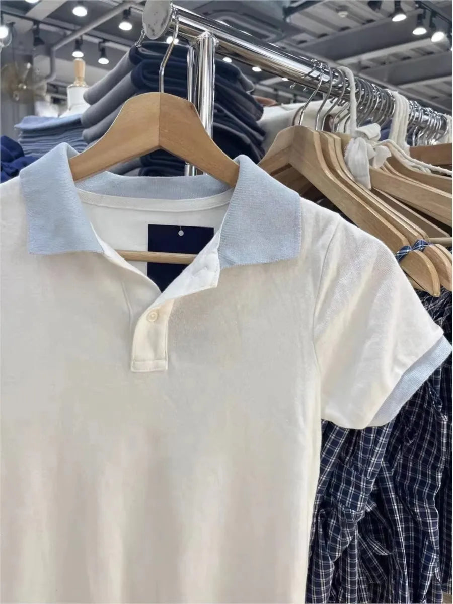 White Blue Patchwork Polo T-shirt Women Summer Cotton Turn Down Collar Short Sleeve Tees Sweet Preppy Style T Shirt Clothes Y2K