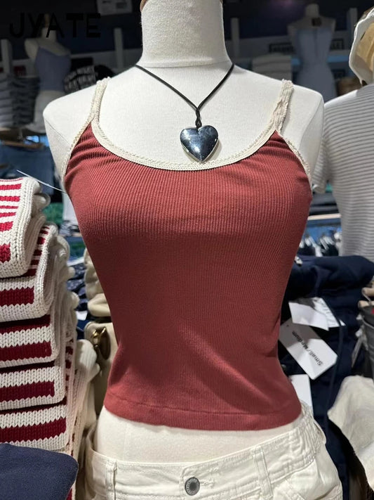 Vintage Red Cotton Waffle Sleeveless Vests Women Summer Simple Lace Trim Casual Slim Sexy Tank Tops Sweet Cute Chic Camisole Y2K