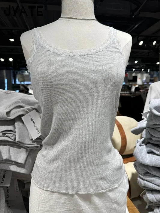 New Lace Trim Gray Ribbed Cotton Tank Tops Women Summer Sexy Slim Roll Hem Sleeveless Vests Sweet Cute Vintage Basic Camis Y2K