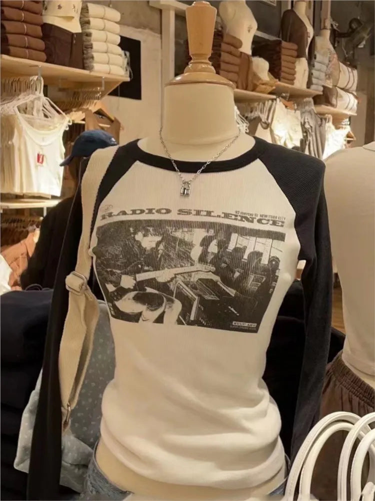 American Rock Graphic Long Sleeve T-shirts Women Autumn New Vintage Print Cotton Ribbed T Shirt Female Retro Chic Slim Y2k Tops