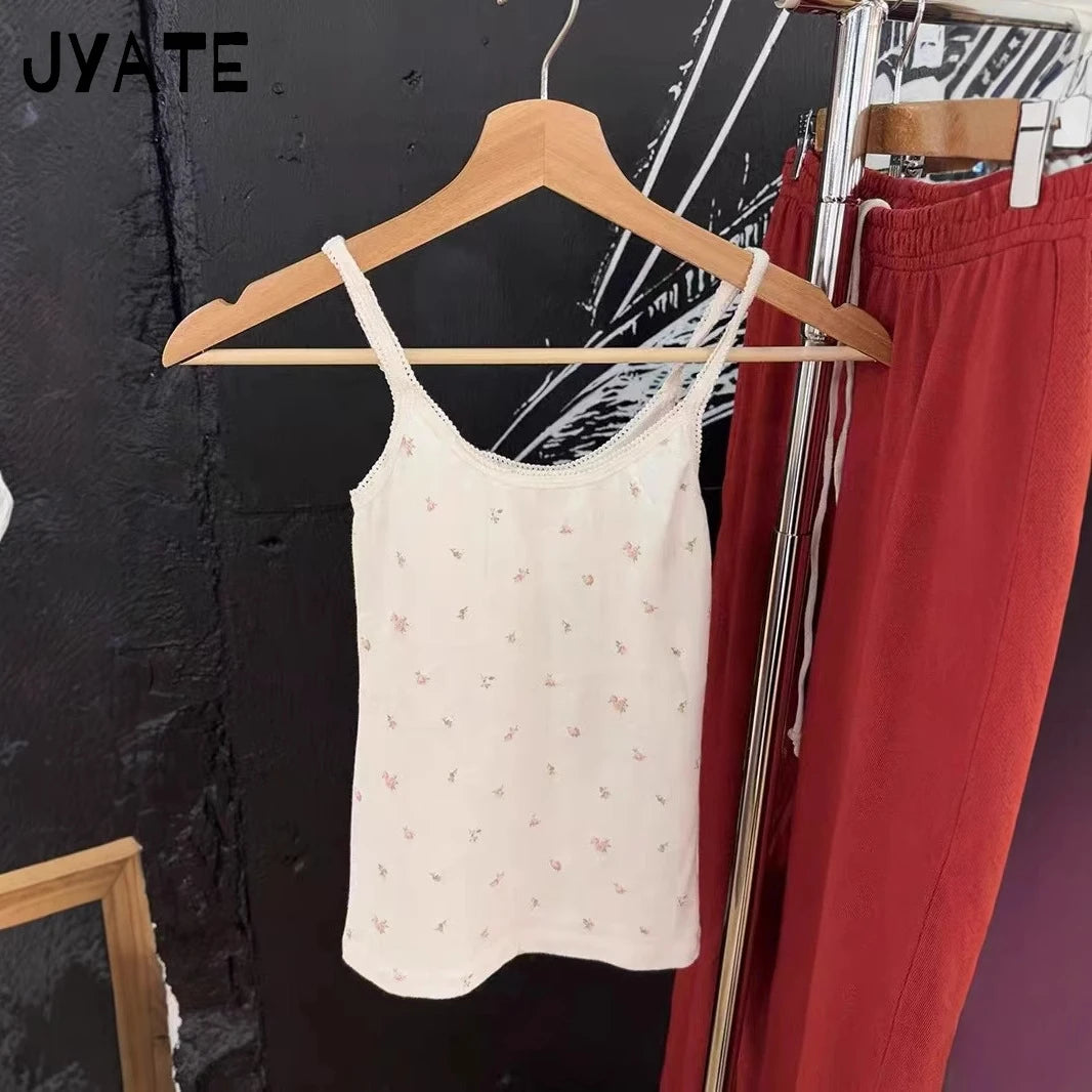 Sweet Lace Trim Slim Tank Tops Women Summer New Casual Pink Floral Print Cotton Sleeveless Vests Preppy Style Cute Camisole Y2K