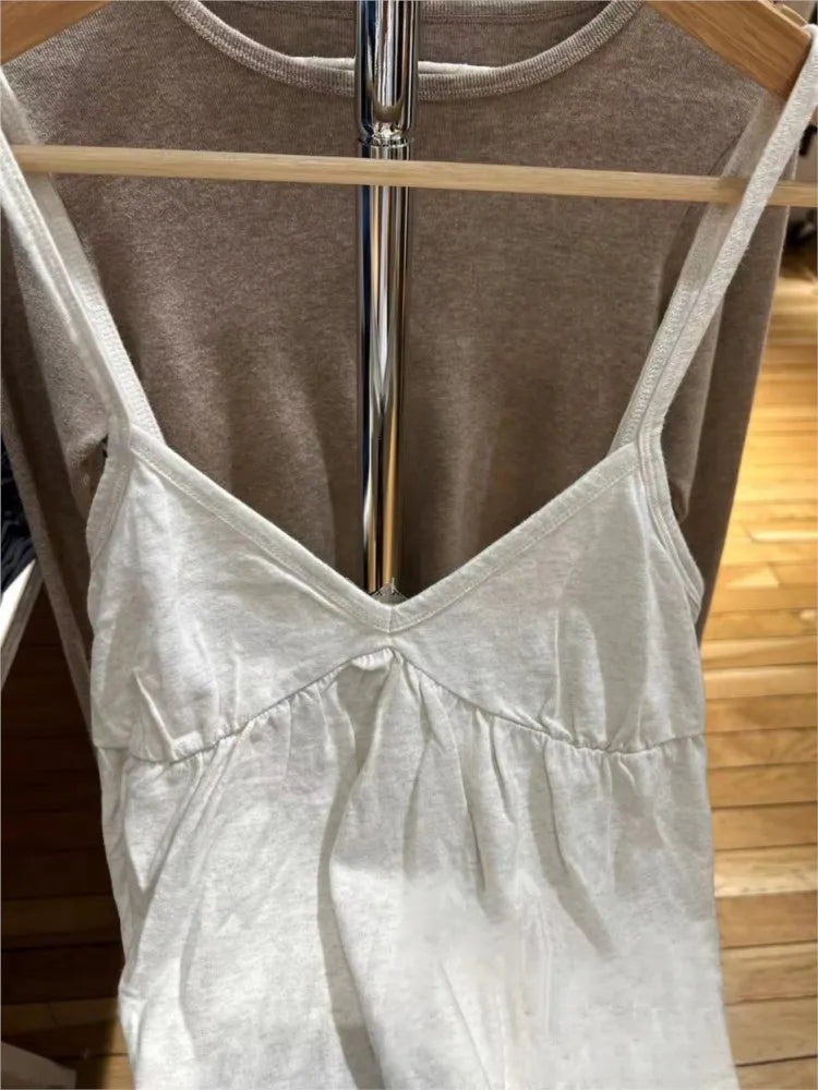 Sweet Raw Hem V-neck Long Camisole Women Sexy Light Grey Backless Cotton Tank Top Female Casual Simple Basic Vest Y2k Tops New